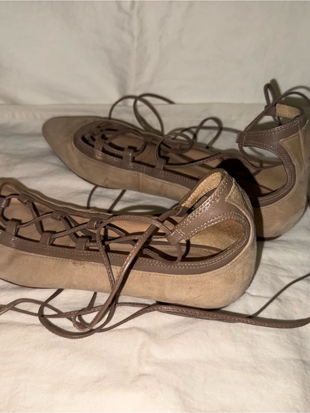 Antonio Melani Taupe Suede Lace Up Pointed Flats Size 6
